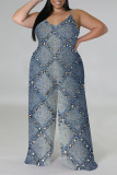Baby Blue Casual Street Faux Denim Print Contrast V Neck Plus Size Jumpsuits(With a turban)