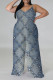 Medium Blue Casual Street Faux Denim Print Contrast V Neck Plus Size Jumpsuits(With a turban)