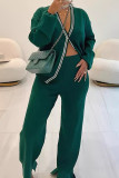 Ink Green Casual Stripe Buckle Patchwork V Neck Long Sleeve Two Pieces