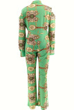 Green Casual Print Hollow Out Buttons Patchwork Turndown Collar Bodycon Jumpsuits