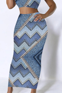 White Blue Casual Street Geometric Print Faux Denim Print Contrast Skinny High Waist Full Print Bottoms