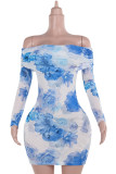 Blue Sexy Print Patchwork Backless Off Shoulder Wrapped Skirt Dresses