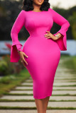 Rose Red Elegant Solid Color Patchwork O Neck Wrapped Skirt Dresses