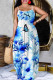 Blue Sexy Casual Floral Print Backless Spaghetti Strap Long Dresses