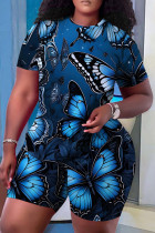 Blue Casual Butterfly Print Basic O Neck Short Sleeve Two Pieces