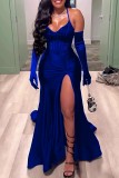 Blue Sexy Formal Solid Color Sequins Patchwork Backless Slit Spaghetti Strap Long Dresses (With Sleeves)