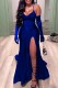 Blue Sexy Formal Solid Color Sequins Patchwork Backless Slit Spaghetti Strap Long Dresses (With Sleeves)