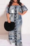 The cowboy blue Casual Faux Denim Print Patchwork Off Shoulder Long Plus Size Dresses