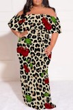 Leopard Print Casual Floral Print Patchwork Off Shoulder Long Plus Size Dresses