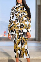 White Brown Casual Print Patchwork Turtleneck Long Dresses