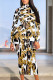 White Brown Casual Print Patchwork Turtleneck Long Dresses
