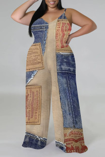 Blue Coffee Casual Street Faux Denim Print Contrast V Neck Plus Size Jumpsuits(With a turban)