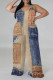 Blue Coffee Casual Street Faux Denim Print Contrast V Neck Plus Size Jumpsuits(With a turban)