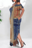 Multicolor Sexy Street Faux Denim Print Pocket Slit Contrast U Neck Printed Plus Size Dresses