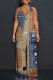 Multicolor Sexy Street Faux Denim Print Backless Halter Loose Jumpsuits