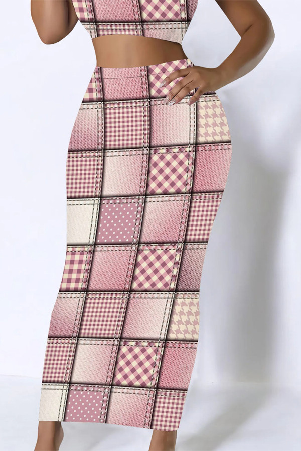 Pink Casual Street Geometric Print Faux Denim Print Contrast Skinny High Waist Full Print Bottoms