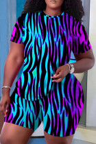 Blue Purple Casual Print Basic O Neck Short Sleeve Two Pieces