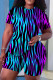 Blue Purple Casual Print Basic O Neck Short Sleeve Two Pieces