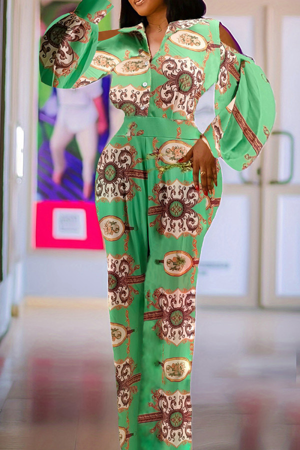 Green Casual Print Hollow Out Buttons Patchwork Turndown Collar Bodycon Jumpsuits
