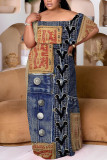 The cowboy blue Casual Faux Denim Print Patchwork Off Shoulder Long Plus Size Dresses