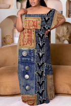 The cowboy blue Casual Faux Denim Print Patchwork Off Shoulder Long Plus Size Dresses