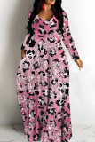 Turquoise Casual Leopard Print Basic V Neck Long Dresses