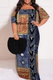 The cowboy blue Casual Faux Denim Print Patchwork Off Shoulder Long Plus Size Dresses
