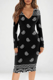 Red Casual Print Patchwork V Neck Wrapped Skirt Dresses