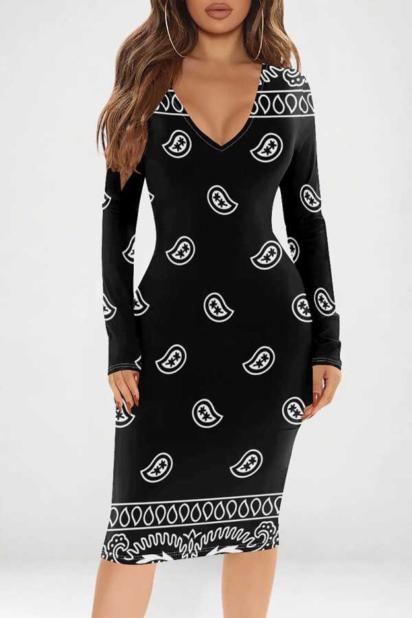 Black Casual Print Patchwork V Neck Wrapped Skirt Dresses
