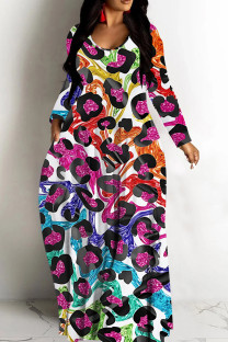 Colour Casual Leopard Print Basic V Neck Long Dresses