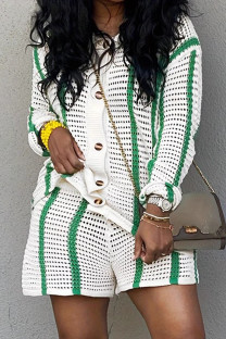 Green Sexy Stripe Hollow Out Buckle Patchwork Button Collar Long Sleeve Two Pieces
