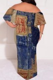 The cowboy blue Casual Faux Denim Print Patchwork Off Shoulder Long Plus Size Dresses