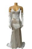 Blue Sexy Formal Solid Color Sequins Patchwork Backless Slit Spaghetti Strap Long Dresses (With Sleeves)
