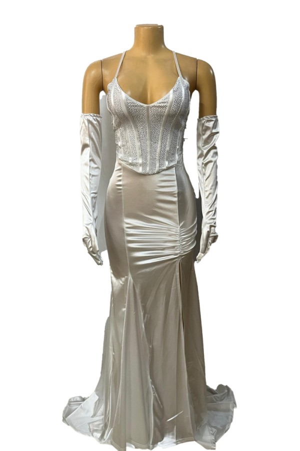 White Sexy Formal Solid Color Sequins Patchwork Backless Slit Spaghetti Strap Long Dresses (With Sleeves)