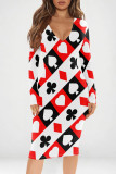 Pink Sexy Print Patchwork V Neck Wrapped Skirt Dresses