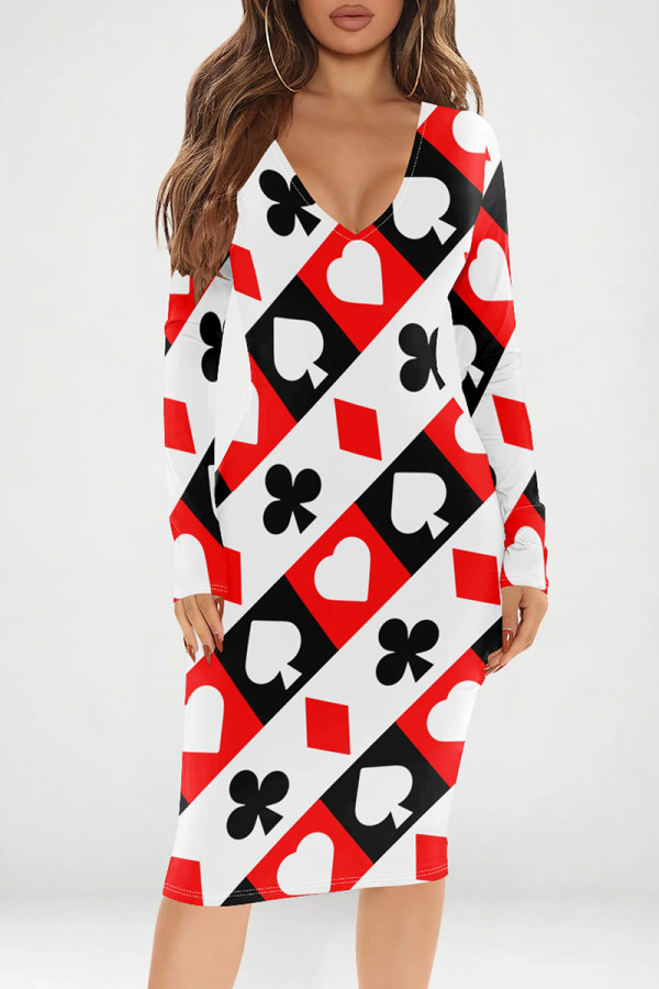 Red White Sexy Print Patchwork V Neck Wrapped Skirt Dresses