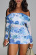 Blue Sexy Print Patchwork Backless Off Shoulder Wrapped Skirt Dresses