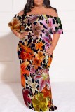 Leopard Print Casual Floral Print Patchwork Off Shoulder Long Plus Size Dresses
