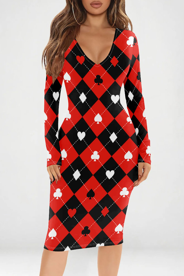 Black Red Casual Print Patchwork V Neck Wrapped Skirt Dresses