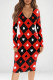 Black Red Casual Print Patchwork V Neck Wrapped Skirt Dresses