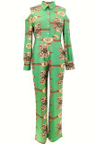 Green Casual Print Hollow Out Buttons Patchwork Turndown Collar Bodycon Jumpsuits