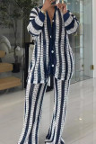 Navy Blue Casual Stripe Buckle Patchwork Button Collar Long Sleeve Two Pieces