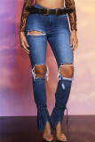 Baby Blue Fashion Casual Solid Ripped Hollowed Out Slit High Waist Regular Jeans