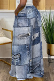 Medium Blue Casual Street Faux Denim Print Pocket Contrast Loose High Waist Wide Leg Full Print Bottoms