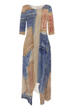 Multicolor Casual Street Faux Denim Print Pocket O Neck Irregular Dresses