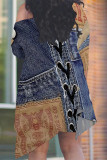 Blue Coffee Casual Street Faux Denim Print Irregular Contrast Sloping Shoulder Plus Size Two Pieces