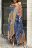 Multicolor Casual Street Faux Denim Print Pocket O Neck Irregular Dresses