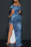 Blue Sexy Street Faux Denim Print Slit Off Shoulder Printed Dresses