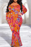 Light Purple Sexy Street Floral Print Contrast V Neck Printed Plus Size Dresses