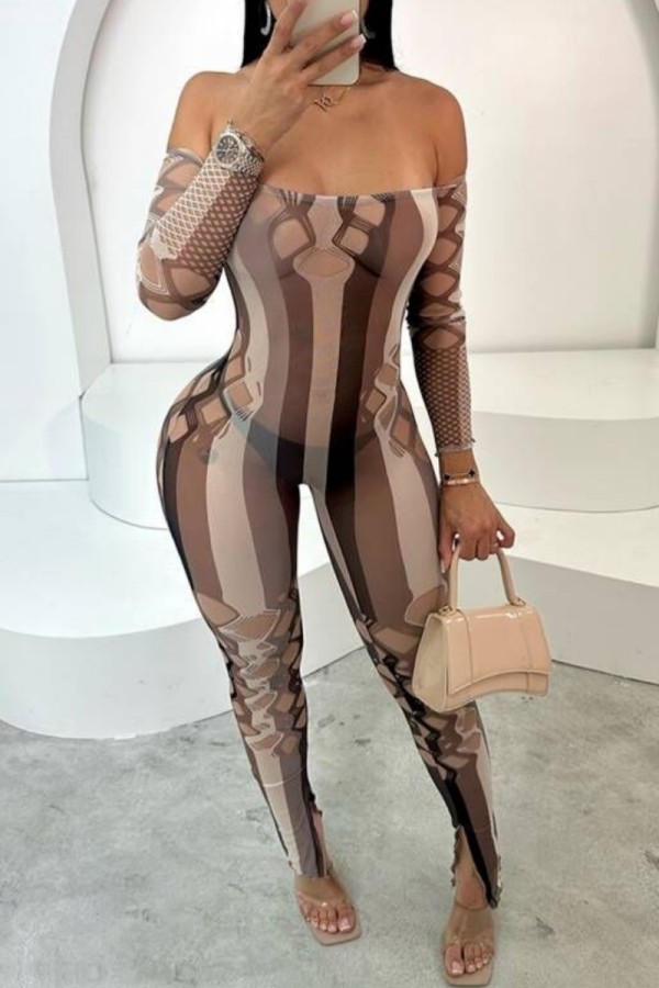 Coffee Sexy Hot Print Hollow Out See-Through Off Shoulder Skinny Jumpsuits